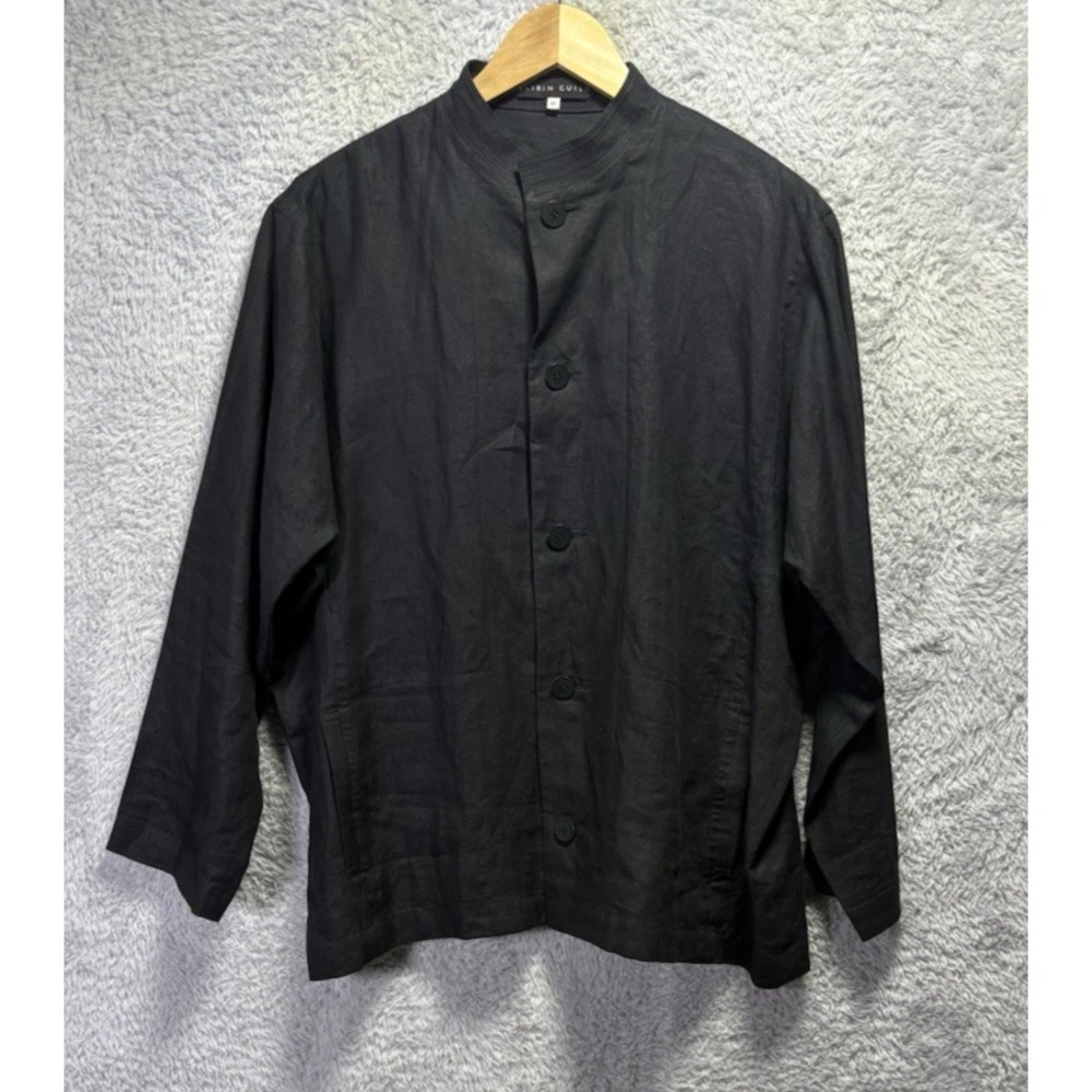 Shirin Guild Black Linen Top Womens M Boxy Button Front Lagenlook Boho Coastal